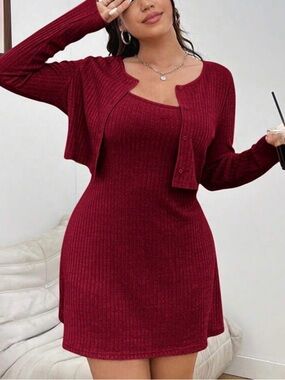 Red Ribbed Knit Two-Piece Mini Dress Set